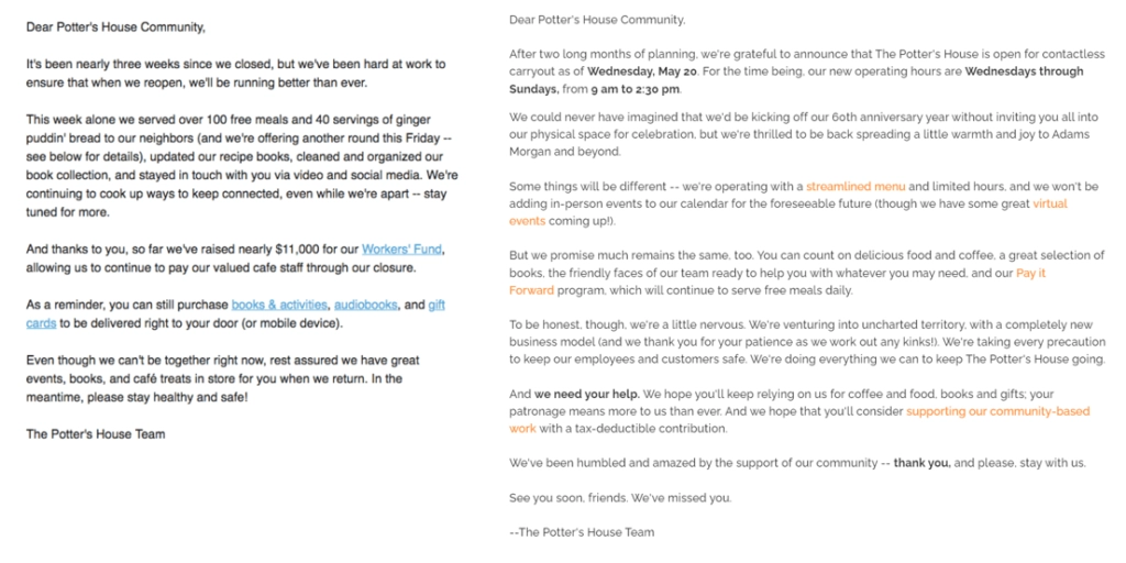 Two emails that The Potter’s house team sent their customers